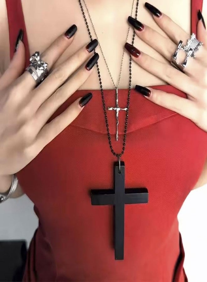 KURTCB Chunky Cross Necklace for Men Women Goth Y2k Big Wooden Cross Pendant Necklace Halloween Nun Witch Costume Christmas Christian Gifts (Black) - Image 3